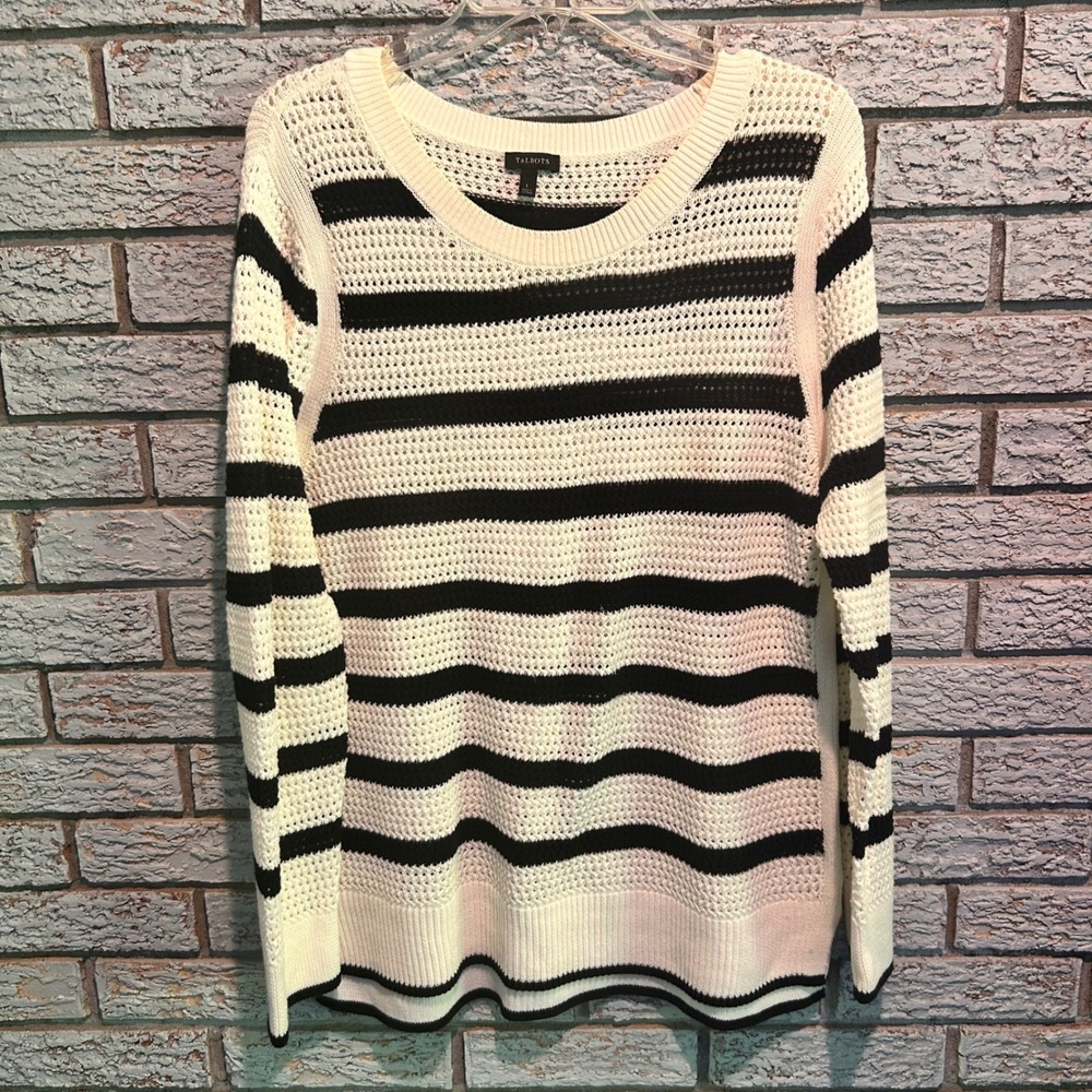 Talbots Womens Ivory Black Striped Open Knit Cotton Blend Sweater Large L